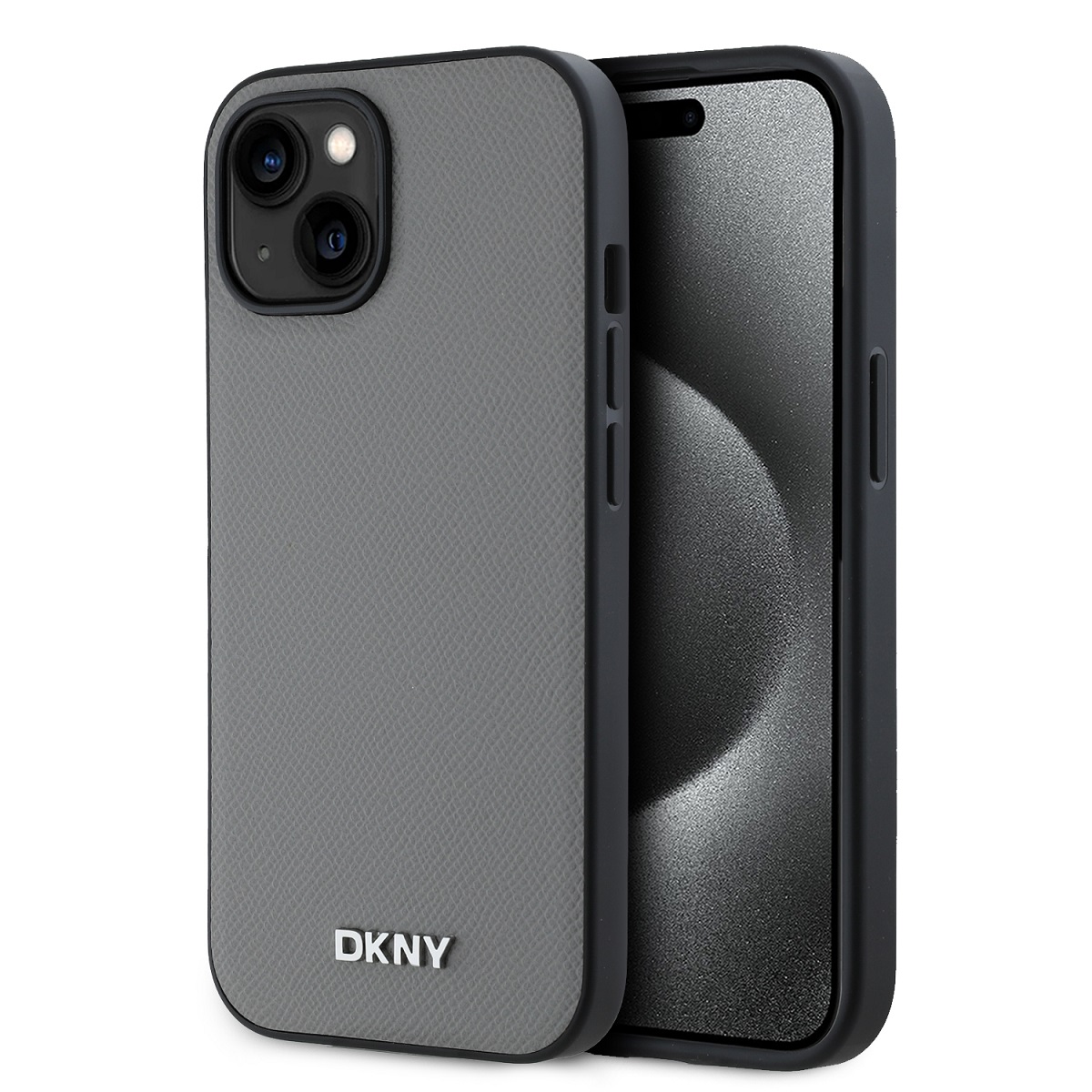 Zadní Kryt DKNY PU Leather Silver Metal Logo Magsafe pro iPhone 15 šedý