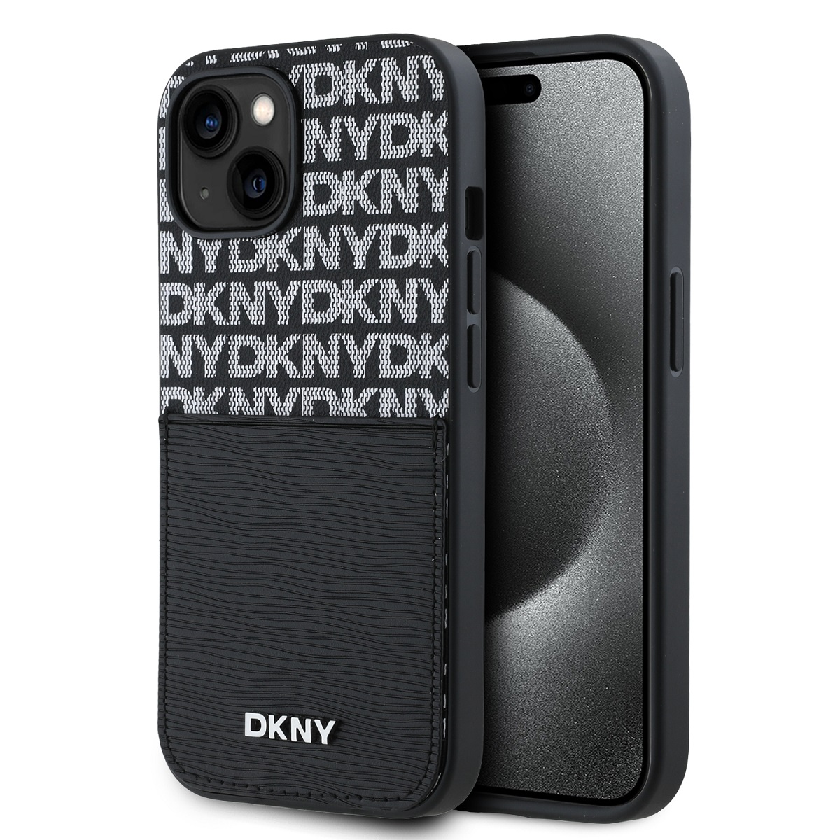 Zadní Kryt DKNY PU Leather Repeat Pattern Card Pocket pro iPhone 14 černý