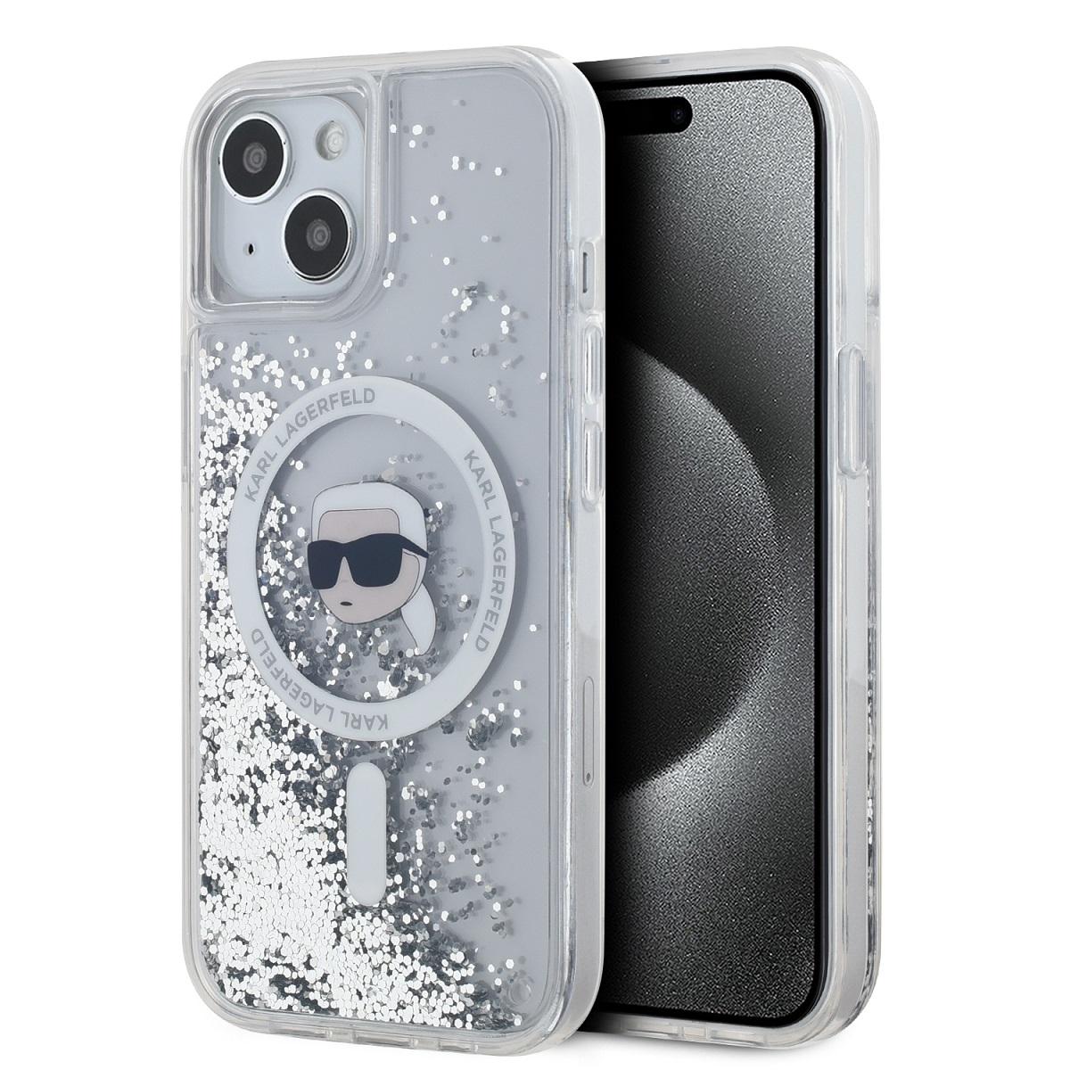 Karl Lagerfeld Liquid Glitter Karl Head Magsafe Zadní Kryt pro iPhone 15 Transparent