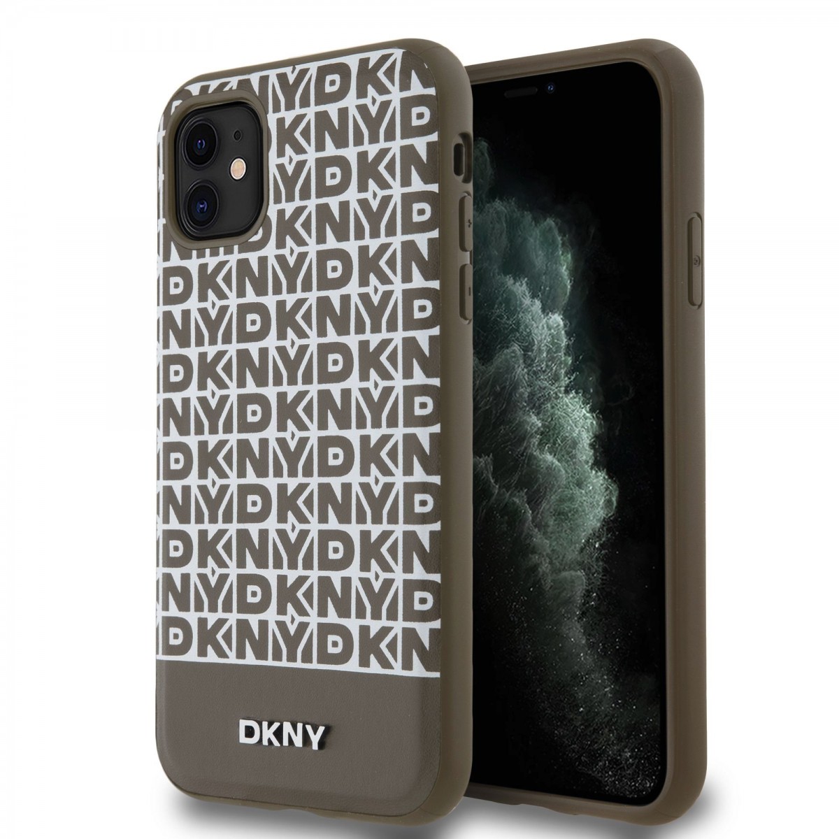 Zadní Kryt DKNY PC/TPU Repeat Pattern Tonal Stripe Magsafe pro iPhone 11 hnědý