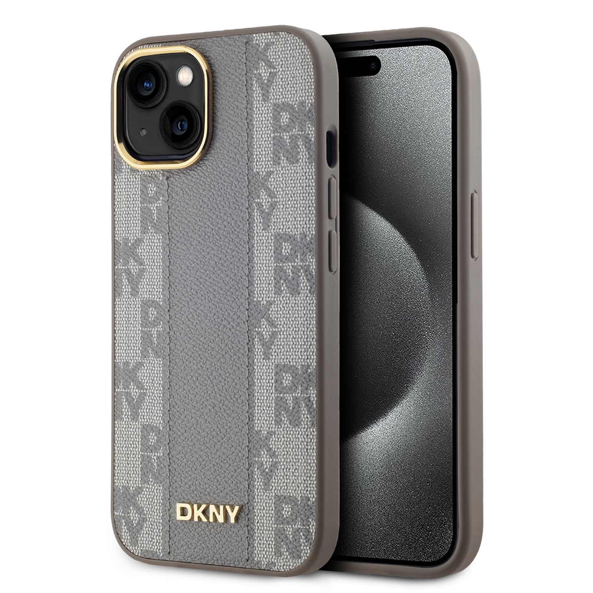 Zadní Kryt DKNY PU Leather Checkered Pattern Magsafe na iPhone 15 Beige