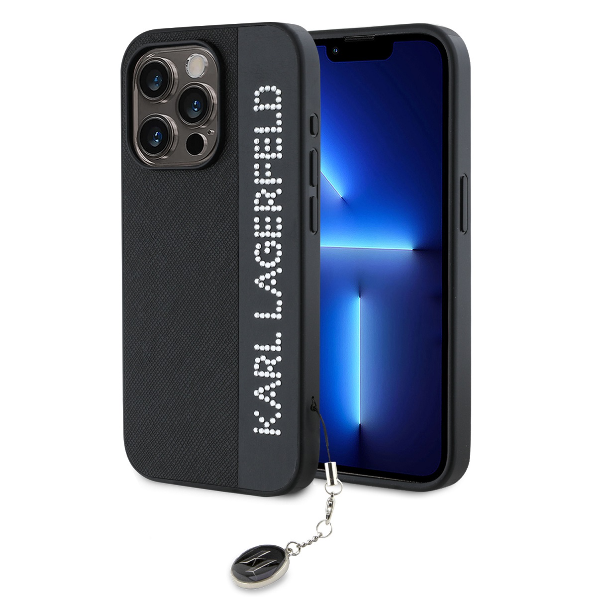 Karl Lagerfeld PU Saffiano Rhinestone Charm Zadní Kryt pro iPhone 15 Pro Max Black