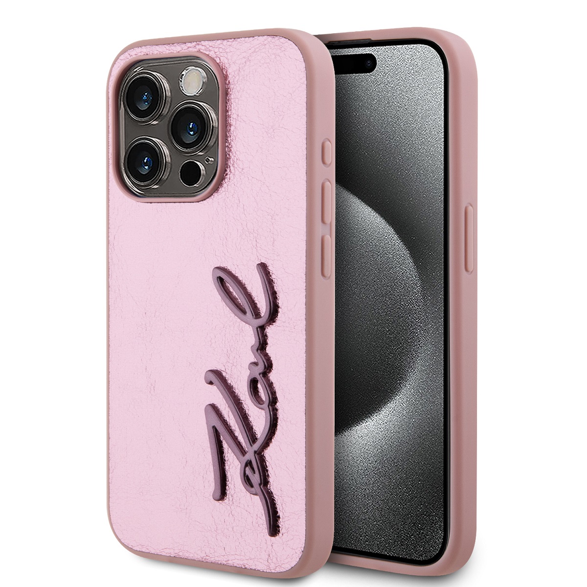 Karl Lagerfeld Wrinkled PU Signature Logo Zadní Kryt pro iPhone 15 Pro Pink