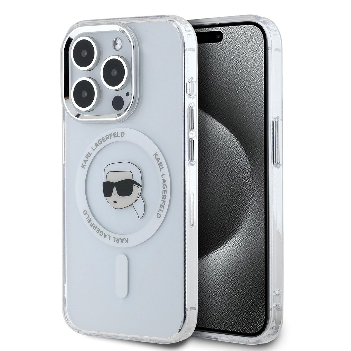 Zadní kryt Karl Lagerfeld IML Karl Head Metal Frame MagSafe pro iPhone 15 Pro Transparent