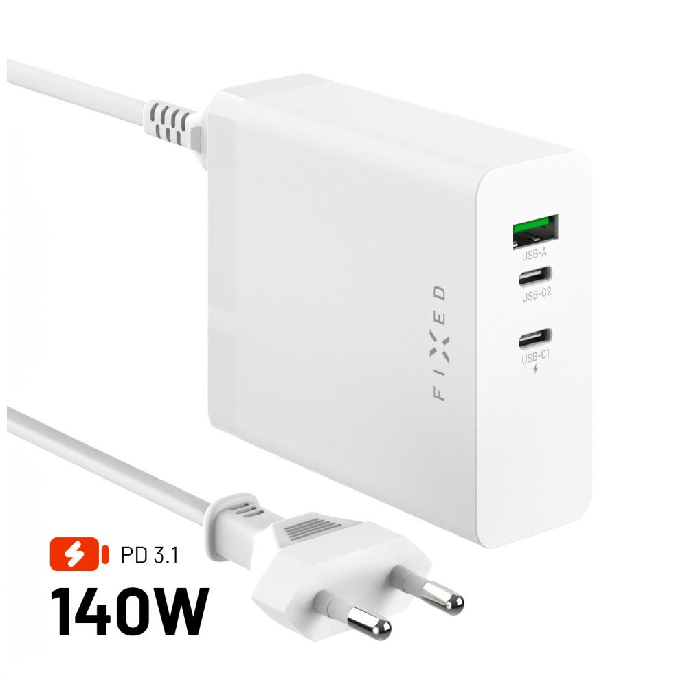 Síťový GaN adaptér FIXED Charging Station s 2xUSB-C a USB výstupem, podpora PD 3.1, 140W, bílý