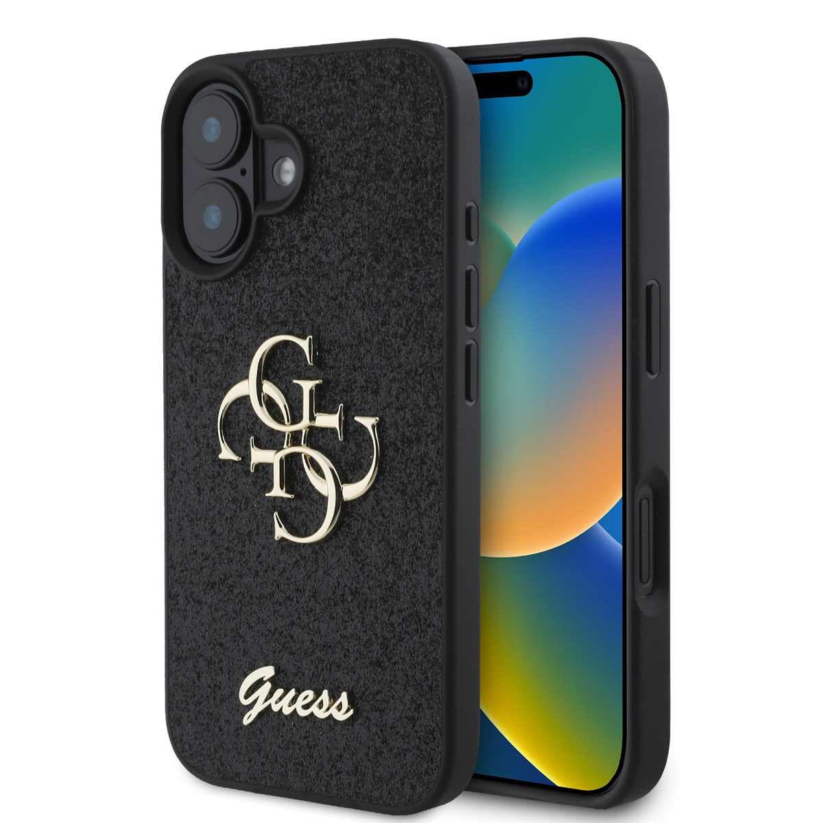 Zadní kryt Guess PU Fixed Glitter 4G Metal Logo pro iPhone 16 Plus Black