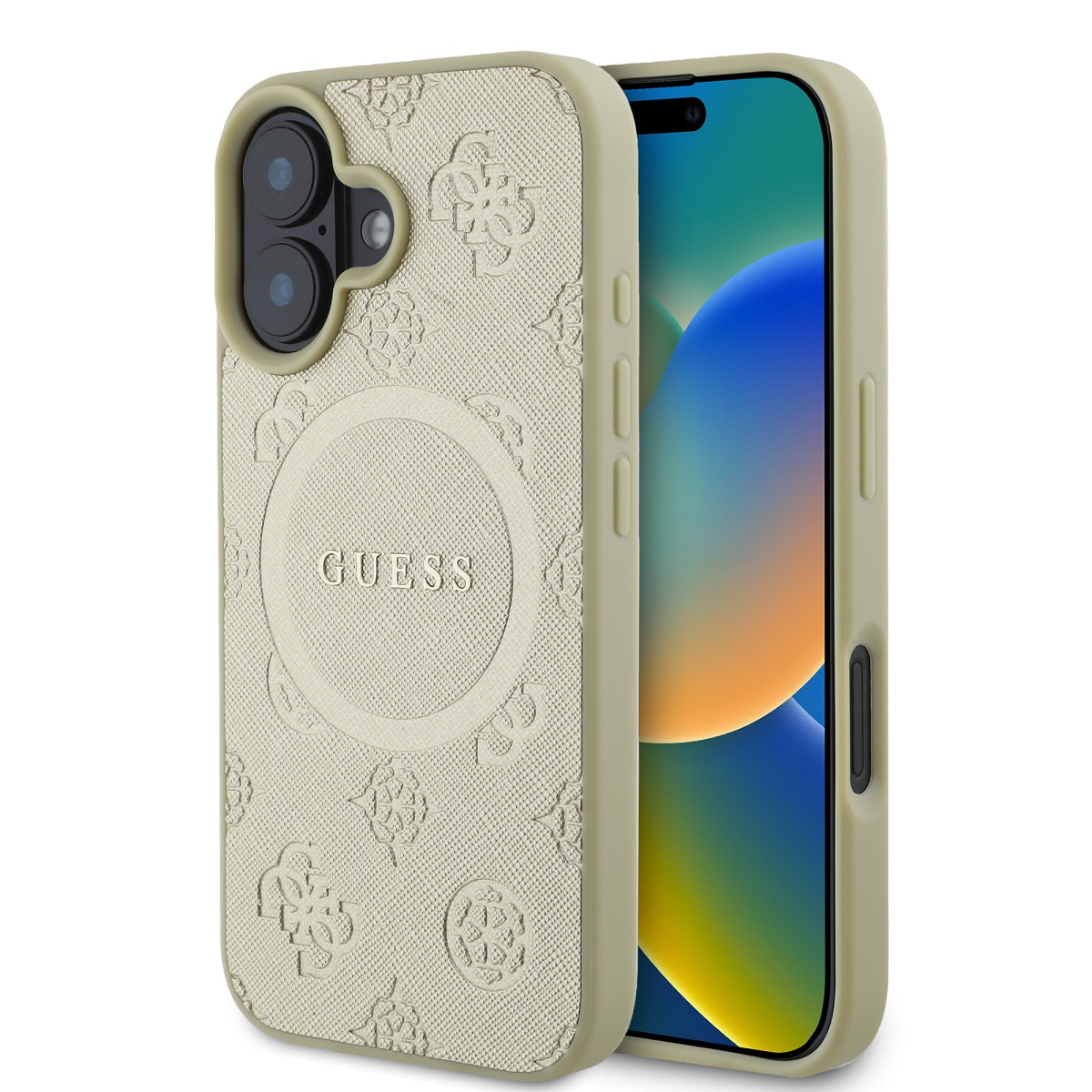 Zadní kryt Guess Saffiano Peony Stamp MagSafe pro iPhone 16 Gold