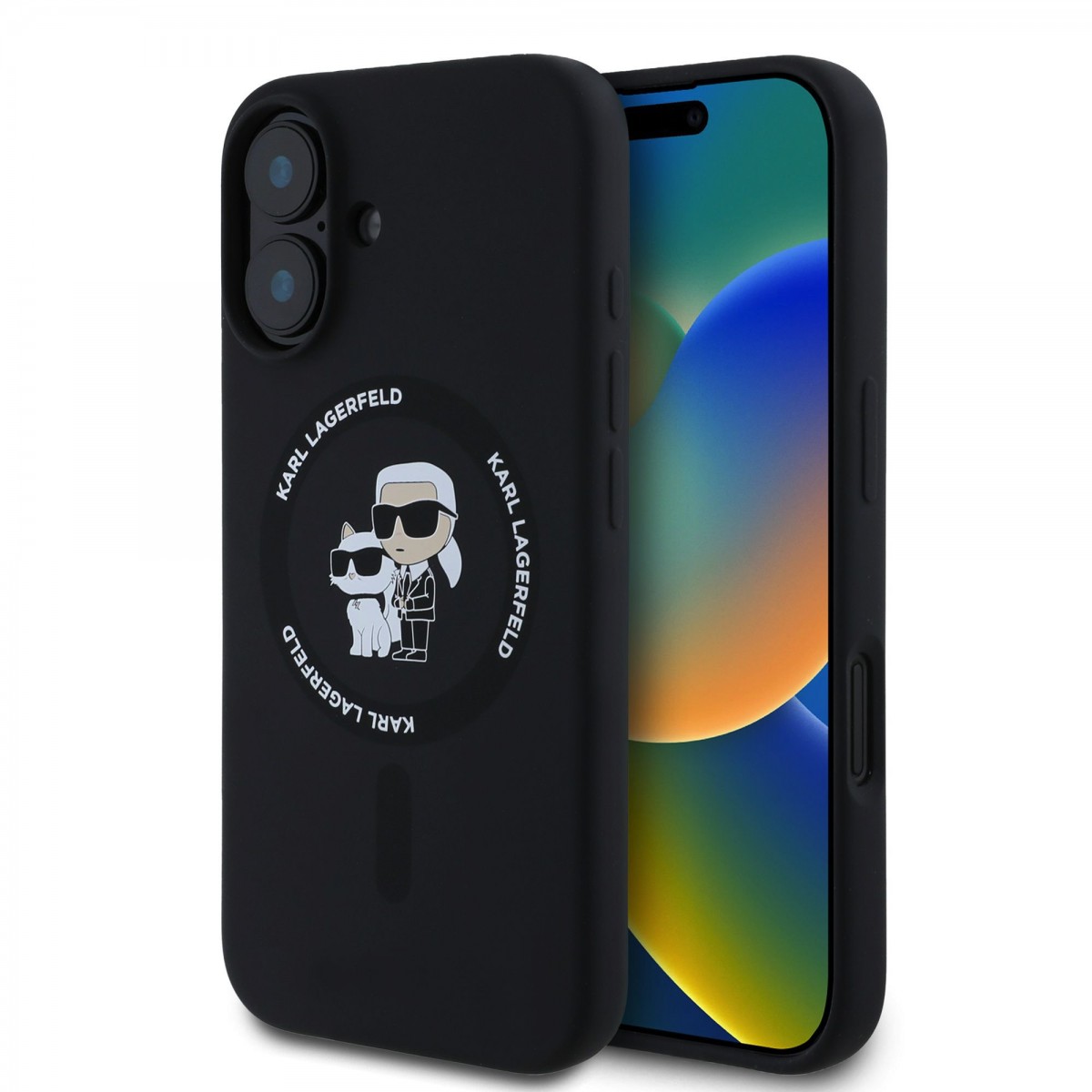 Zadní kryt Karl Lagerfeld Liquid Silicone Karl and Choupette MagSafe pro iPhone 16 Plus Black