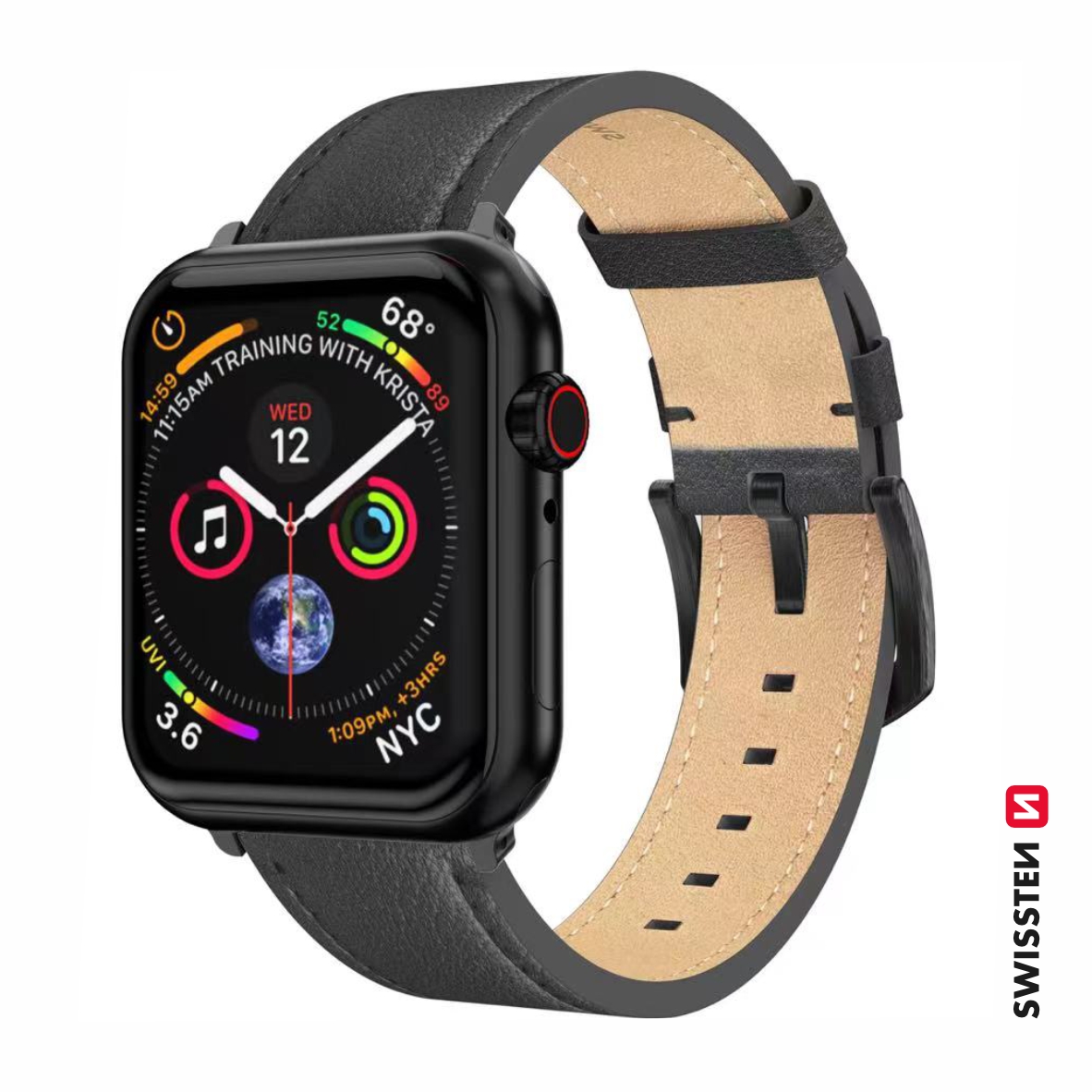 Řemínek Swissten pro Apple Watch  kožený 42 - 44 - 45 - 49 mm černý (černá spona a černé poutko)