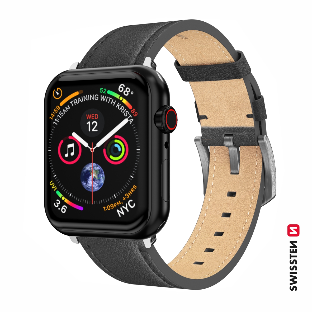 Řemínek Swissten pro Apple Watch  kožený 42 - 44 - 45 - 49 mm černý (stříbrná spona a stříbrné poutko)