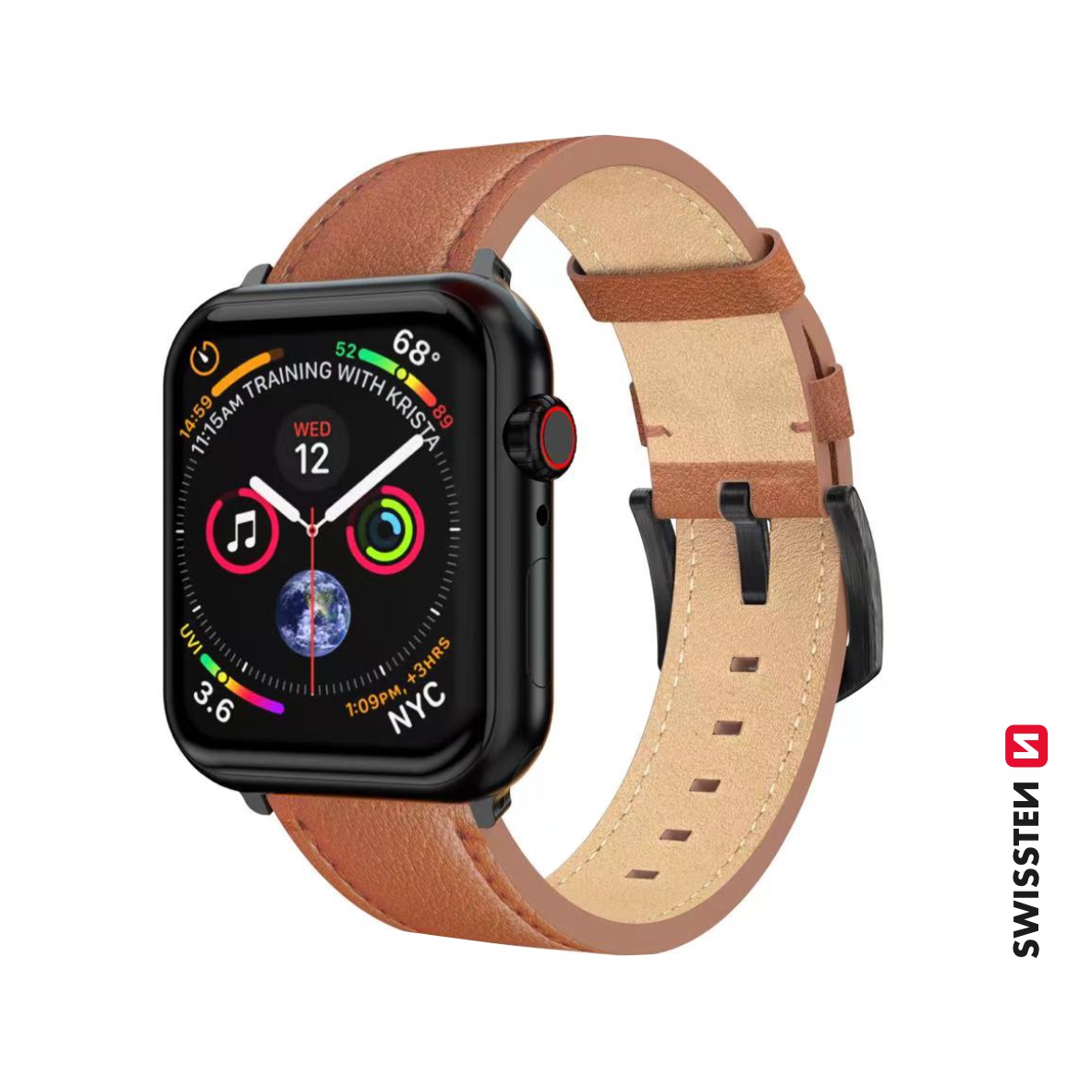 Řemínek Swissten pro Apple Watch  kožený 42 - 44 - 45 - 49 mm hnědý (černá spona a černé poutko)