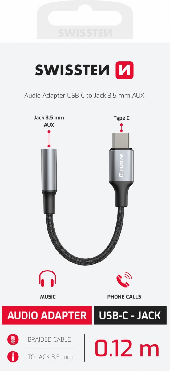 Audio adaptér Swissten Textile USB-C - 3,5mm 0,15 m černý