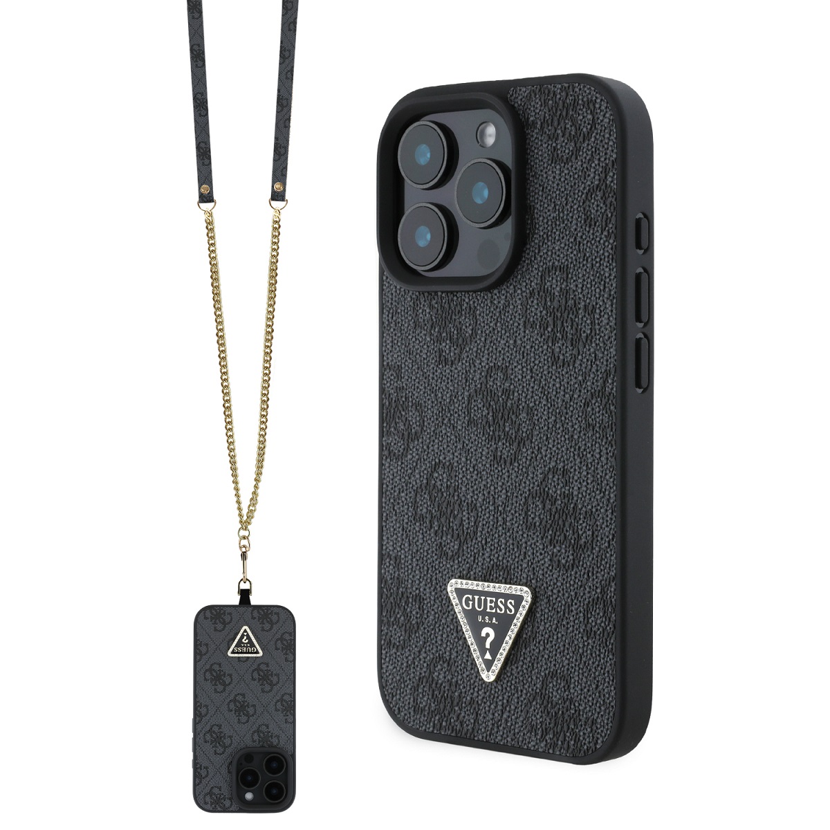 Originální zadní kryt Guess PU 4G Strass Triangle Metal Logo + Crossbody Popruh pro iPhone 16 Pro Max Black