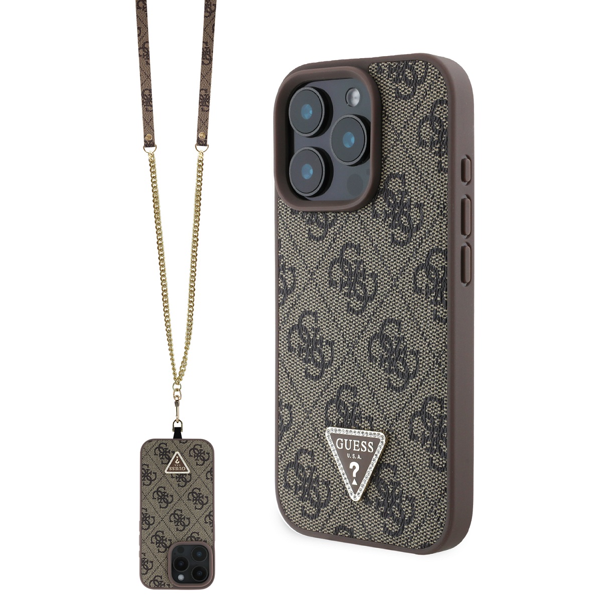 Originální zadní kryt Guess PU 4G Strass Triangle Metal Logo + Crossbody Popruh pro iPhone 16 Pro Max Brown