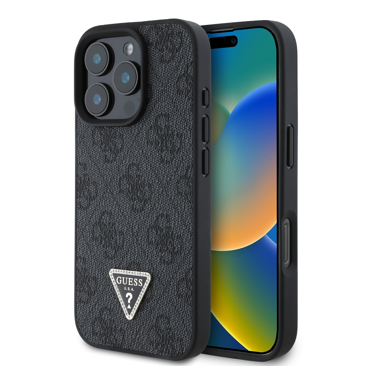 Originální zadní kryt Guess PU 4G Strass Triangle Metal Logo pro iPhone 16 Pro Max Black