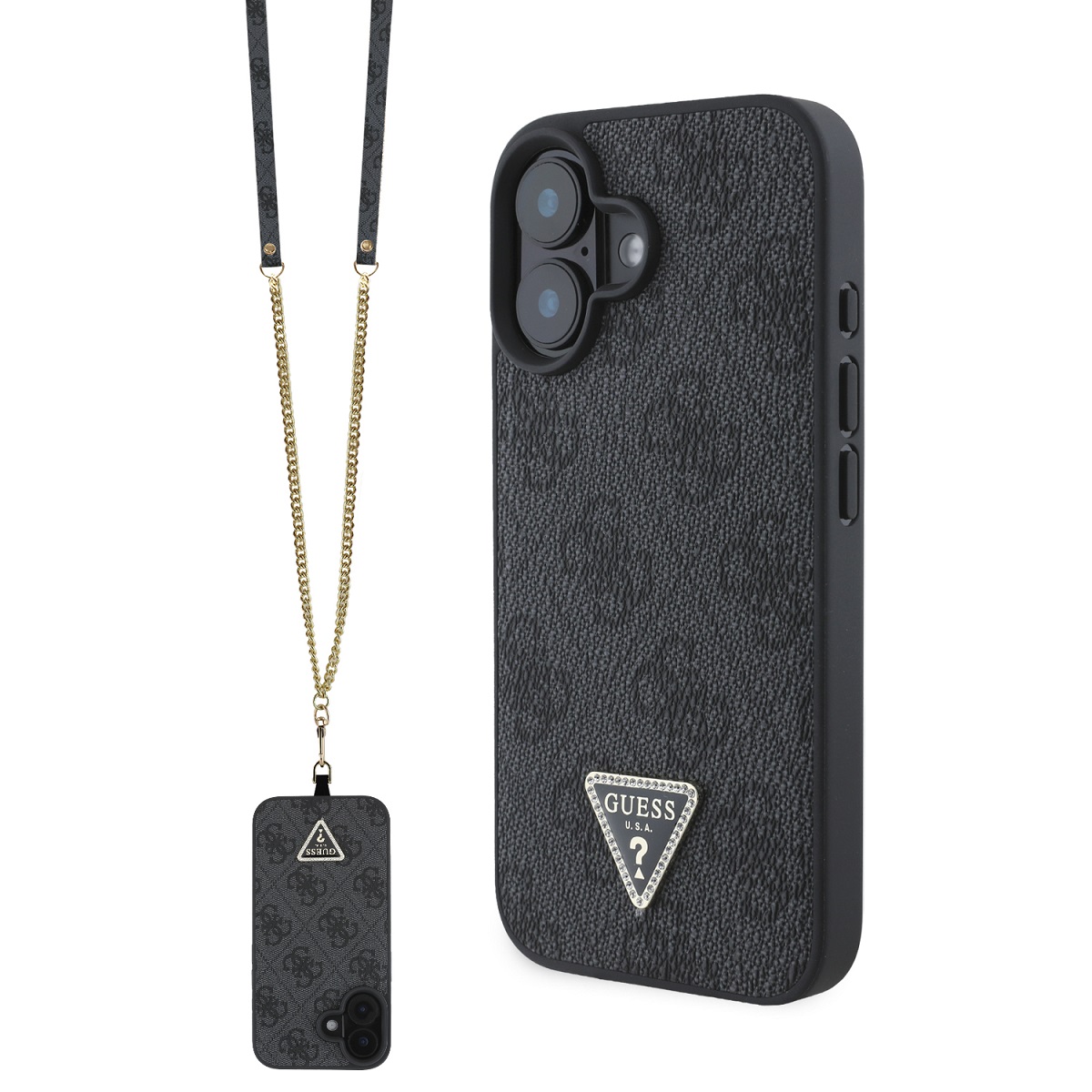 Originální zadní kryt Guess PU 4G Strass Triangle Metal Logo + Crossbody Popruh pro iPhone 16 Black