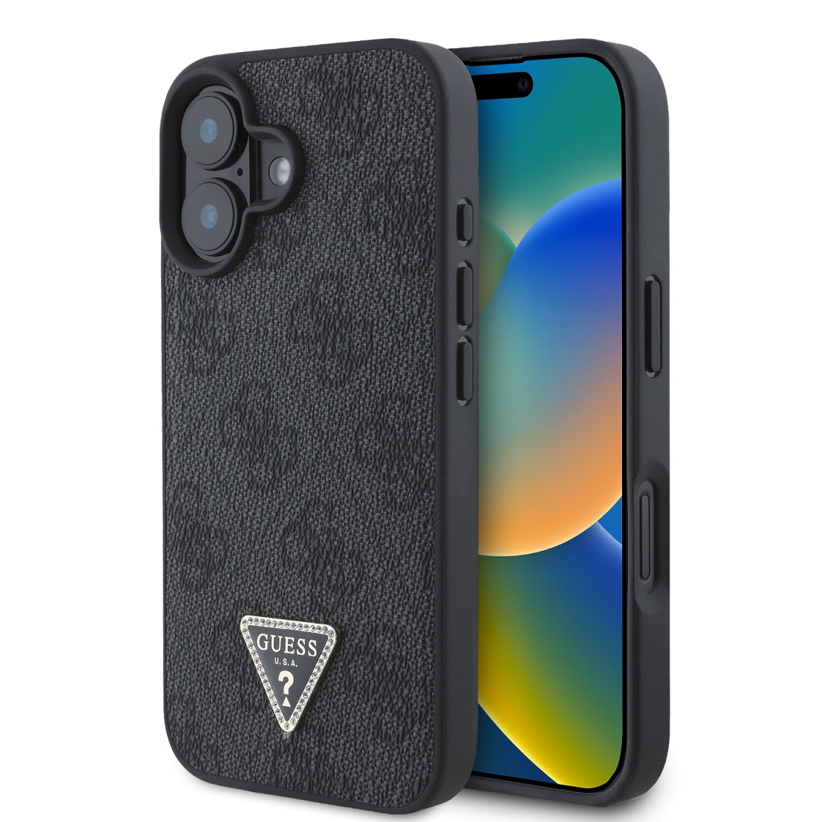 Originální zadní kryt Guess PU 4G Strass Triangle Metal Logo pro iPhone 16 Black