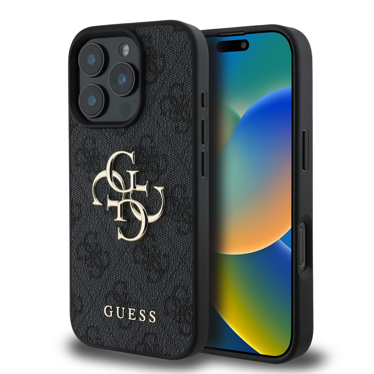 Originální zadní kryt Guess PU 4G Metal Logo pro iPhone 16 Pro Grey