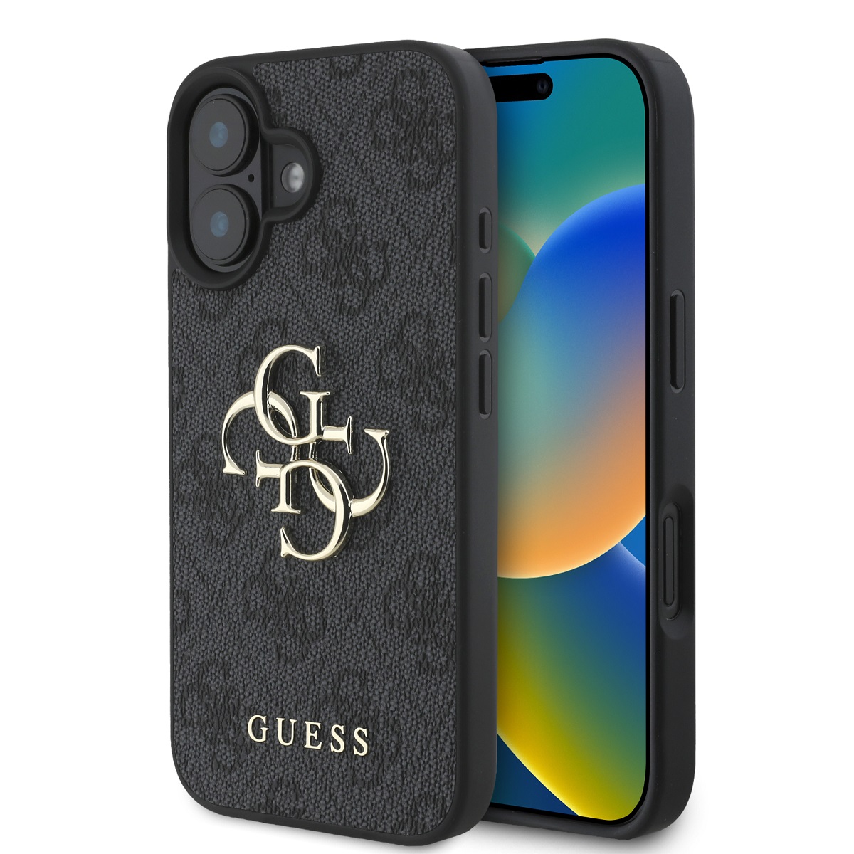 Originální zadní kryt Guess PU 4G Metal Logo pro iPhone 16 Grey