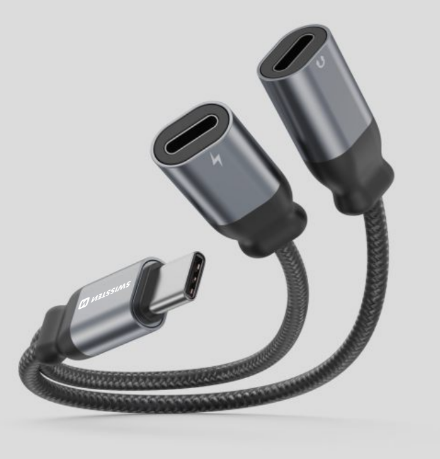 Nabíjecí audio adaptér Swissten Textile USB-C - 2x USB-C 0,12 m černý