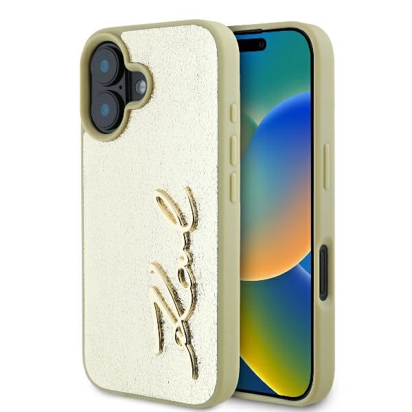 Originální zadní kryt KARL LAGERFELD hardcase Metal Signature KLHCP16SPFMFBKMD pro iPhone 16 zlatý