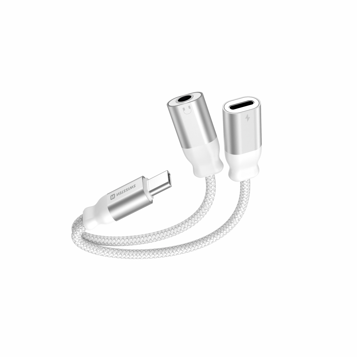 Nabíjecí audio adaptér Swissten USB-C - USB-C a 3,5mm aux 0,12 m bílý