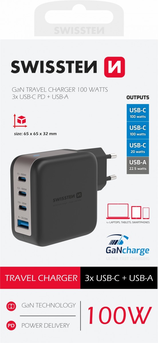 Adaptér Swissten Gan 3x USB-C 100W PD + 1x USB-A 18W QC černý