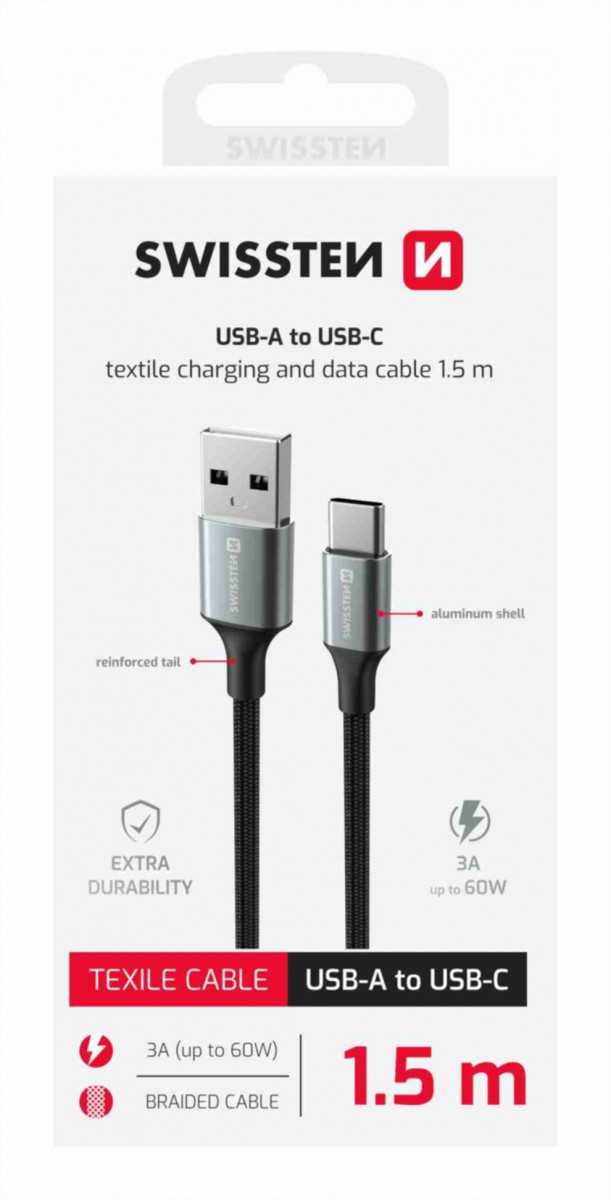 Datový kabel Swissten Textile II USB-A - USB-C 1,5 m černý