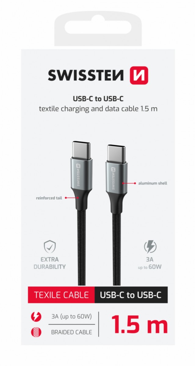 Datový kabel Swissten Textile II USB-C - USB-C 1,5 m černý