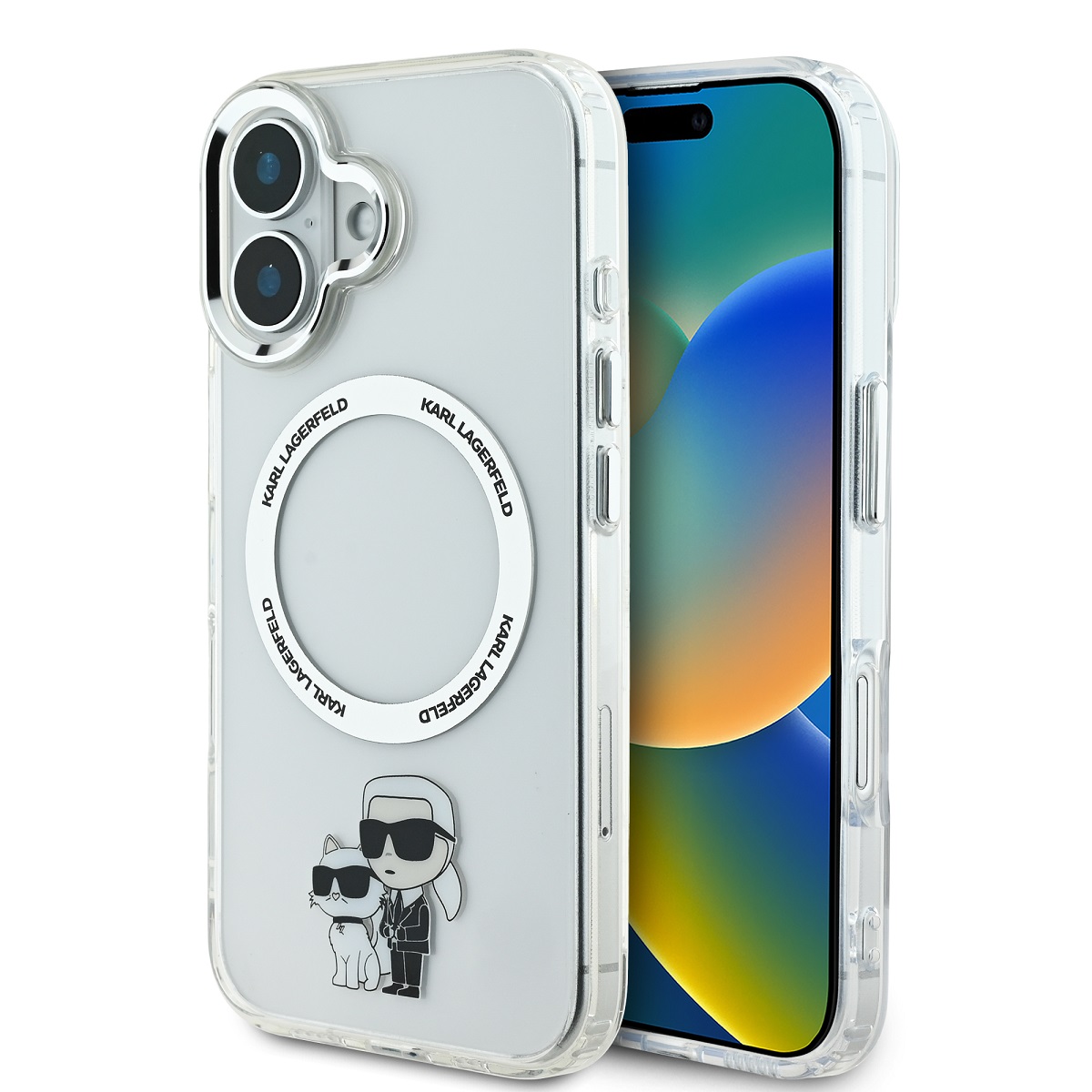 Zadní kryt Karl Lagerfeld IML Karl and Choupette MagSafe pro iPhone 16 Plus Transparent