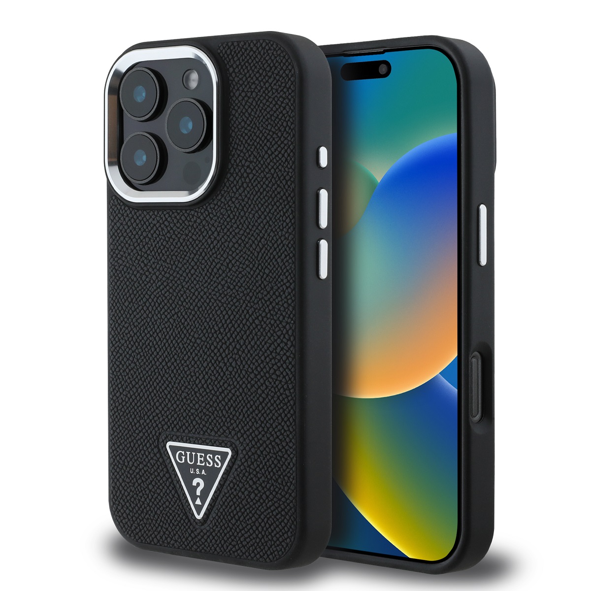 Zadní kryt Guess PU Grained Triangle Logo pro iPhone 16 Pro Max Black