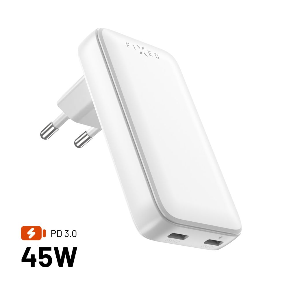 Adaptér GaN FIXED Slim s 2x USB-C výstupem a podporou PD, 45W, bílý