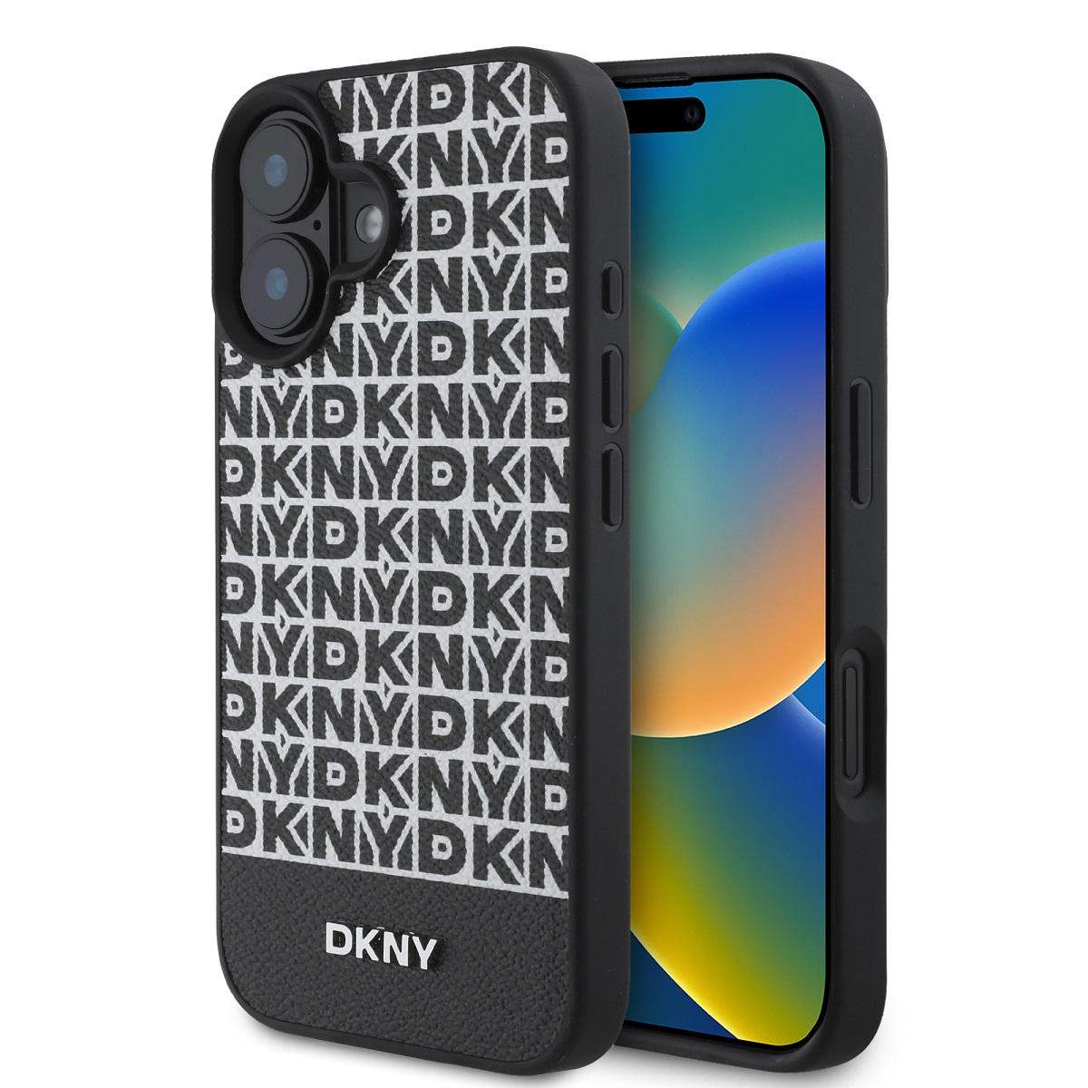 Zadní kryt DKNY PU Leather Repeat Pattern Bottom Stripe MagSafe pro iPhone 16 Black