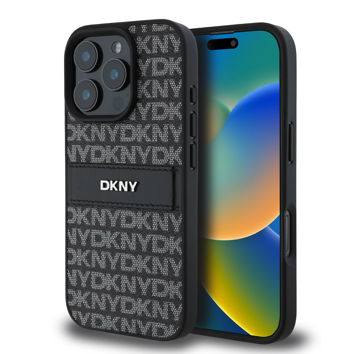 Zadní kryt DKNY PU Leather Repeat Pattern Tonal Stripe pro iPhone 16 Pro Black