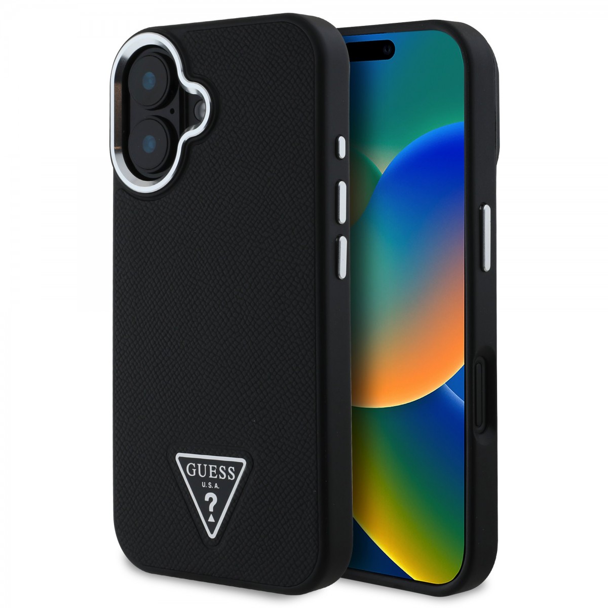 Zadní kryt Guess PU Grained Triangle Logo pro iPhone 16 Black