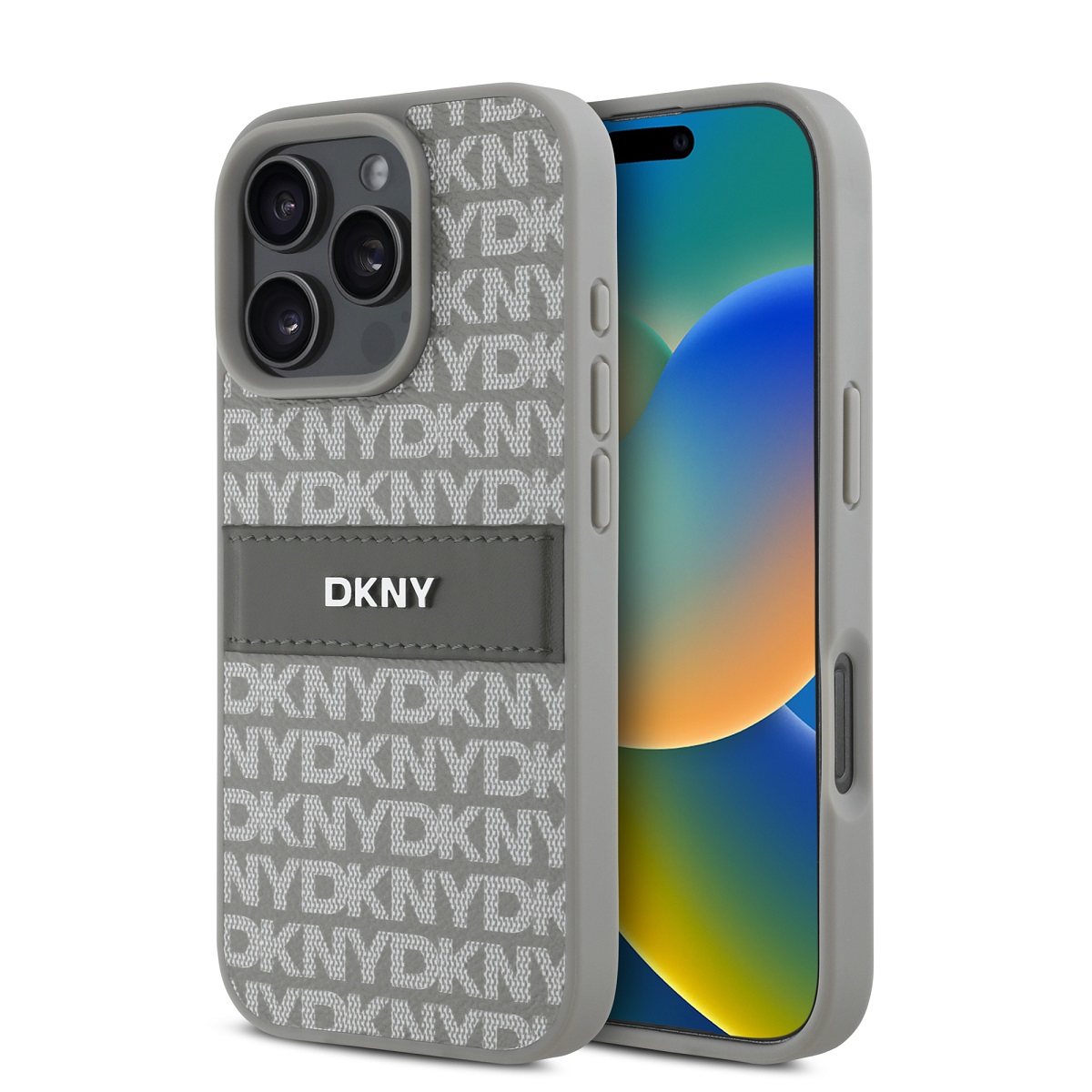 Zadní kryt DKNY PU Leather Repeat Pattern Tonal Stripe pro iPhone 16 Pro Beige