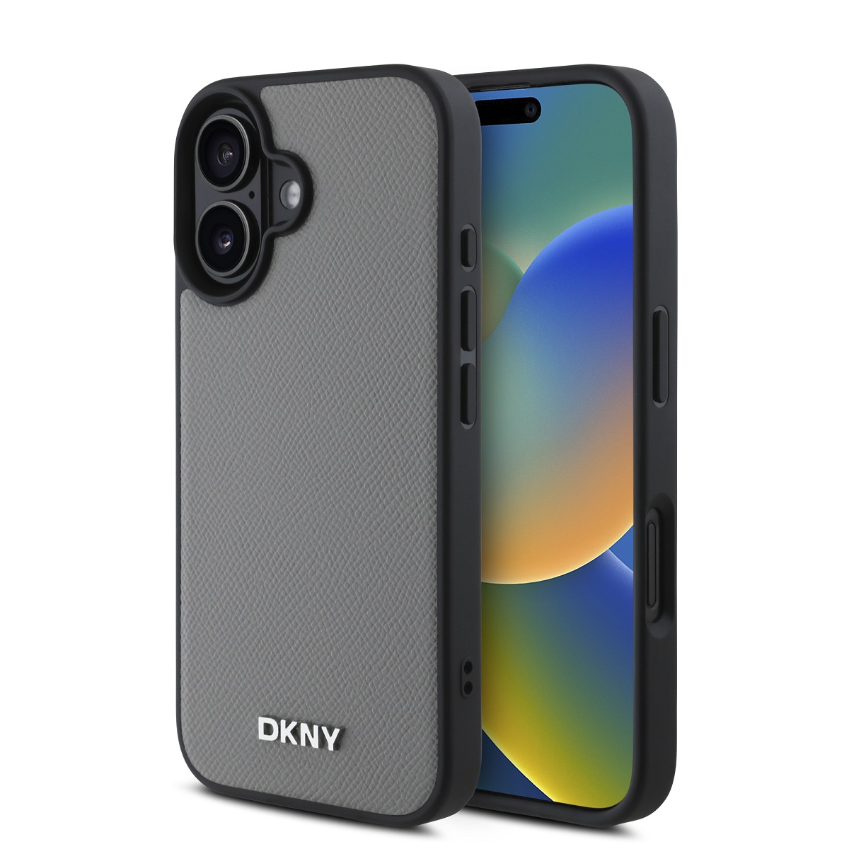 Zadní kryt DKNY PU Leather Silver Metal Logo Magsafe pro iPhone 16 Grey