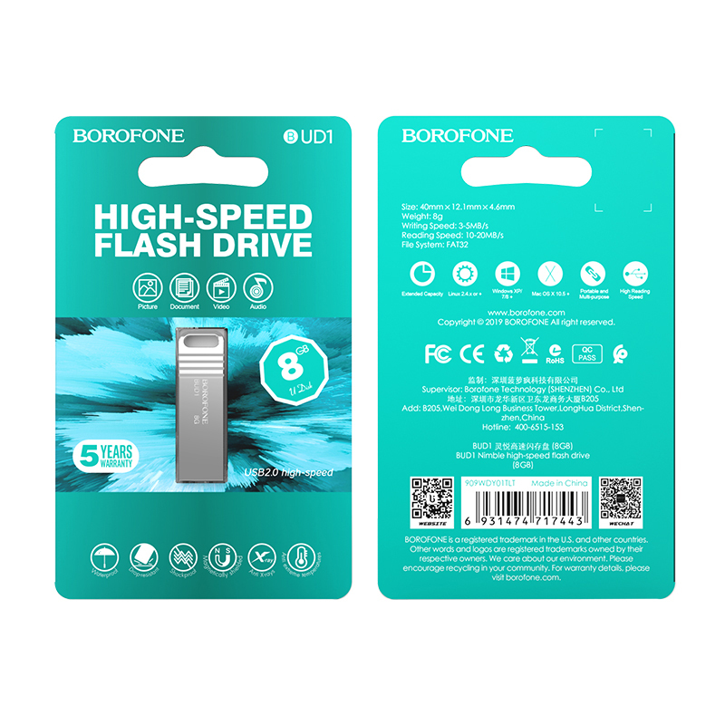 Flash disk Borofone BUD1 8GB stříbrný