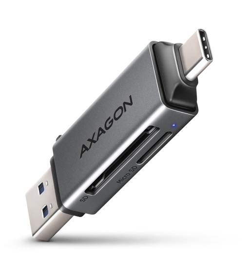 Čtečka paměťových karet značky AXAGON CRE-DAC 5 Gbps USB-C a USB-A Mini šedá