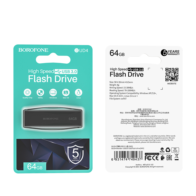 Flash disk značky Borofone BUD4 USB 3.0 64GB černý