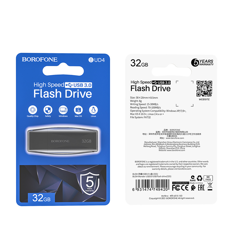 Flash disk značky Borofone BUD4 USB 3.0 32GB černý